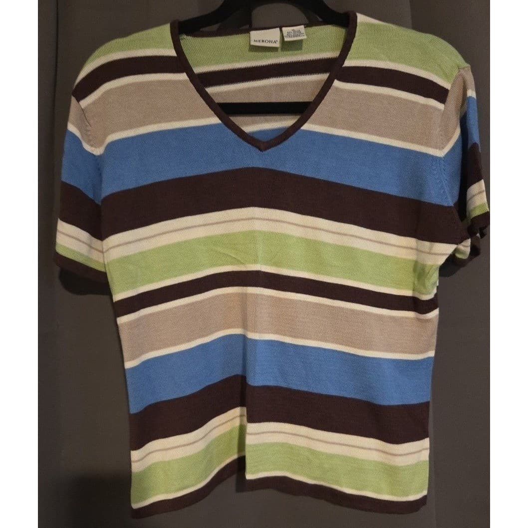 Merona Striped V-Neck, Short Sleeve Knit Top, Blue Green Brown Rayon, Women's XL - Thumbnail 3