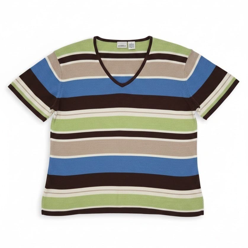 Merona Striped V-Neck, Short Sleeve Knit Top, Blue Green Brown Rayon, Women's XL