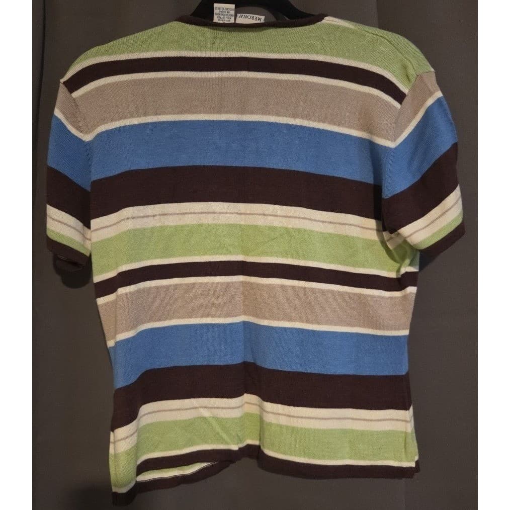 Merona Striped V-Neck, Short Sleeve Knit Top, Blue Green Brown Rayon, Women's XL - Thumbnail 4