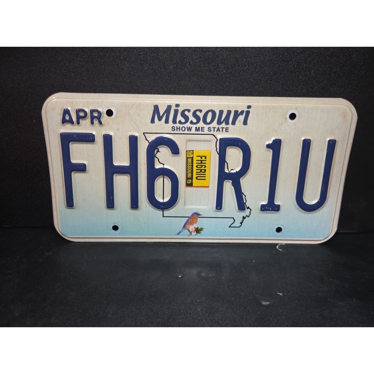 Missouri License Plate FH6 R1U, Show Me State, Bluebird Graphic, 2015 Sticker