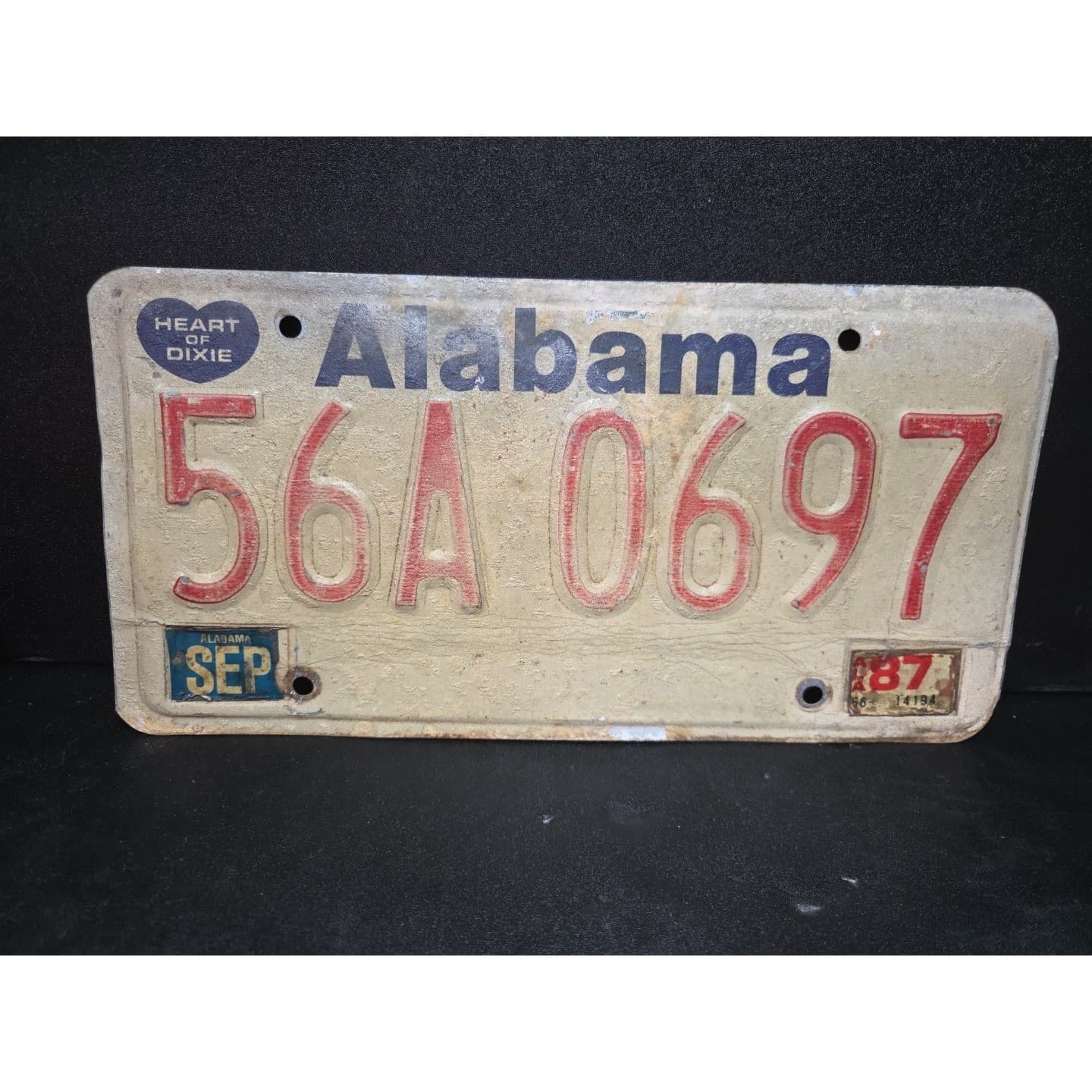 Alabama License Plate 56A 0697, Heart of Dixie, Embossed Metal Tag, Vintage 1987