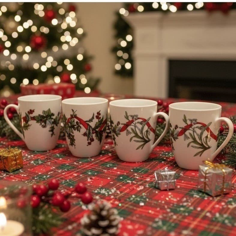 BrylaneHome Christmas Jolly Time Coffee Cups, Set of 4, Holiday Ribbon Design