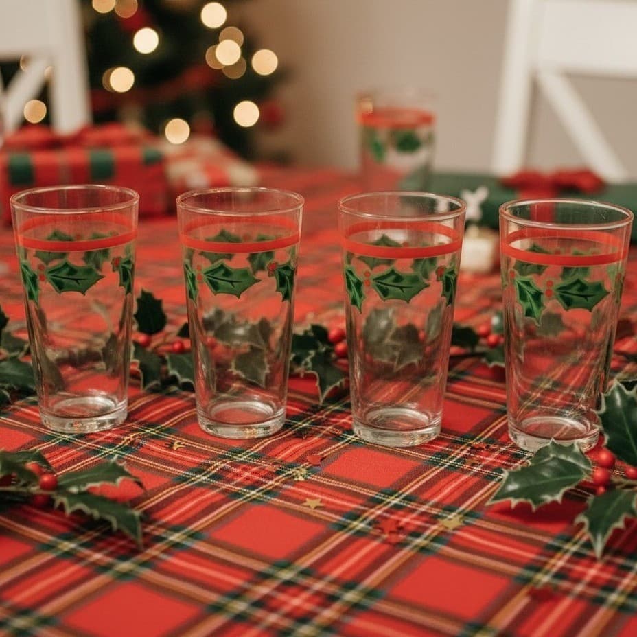 KIG Christmas Red Band Tumblers, Set of 4, Vintage Holly Berries Design Glasses