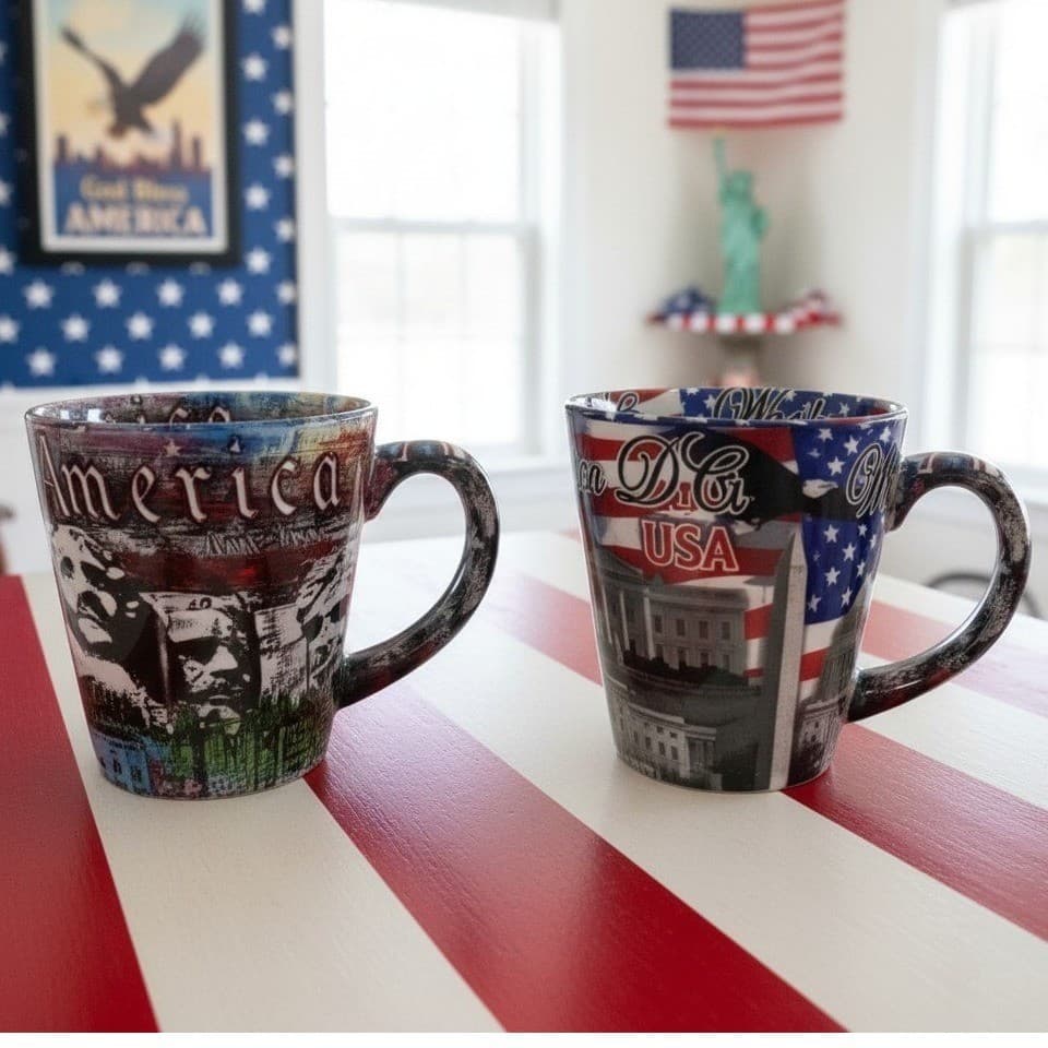American Souvenir Coffee Cups, Set of 2, Washington DC & Mount Rushmore Mugs