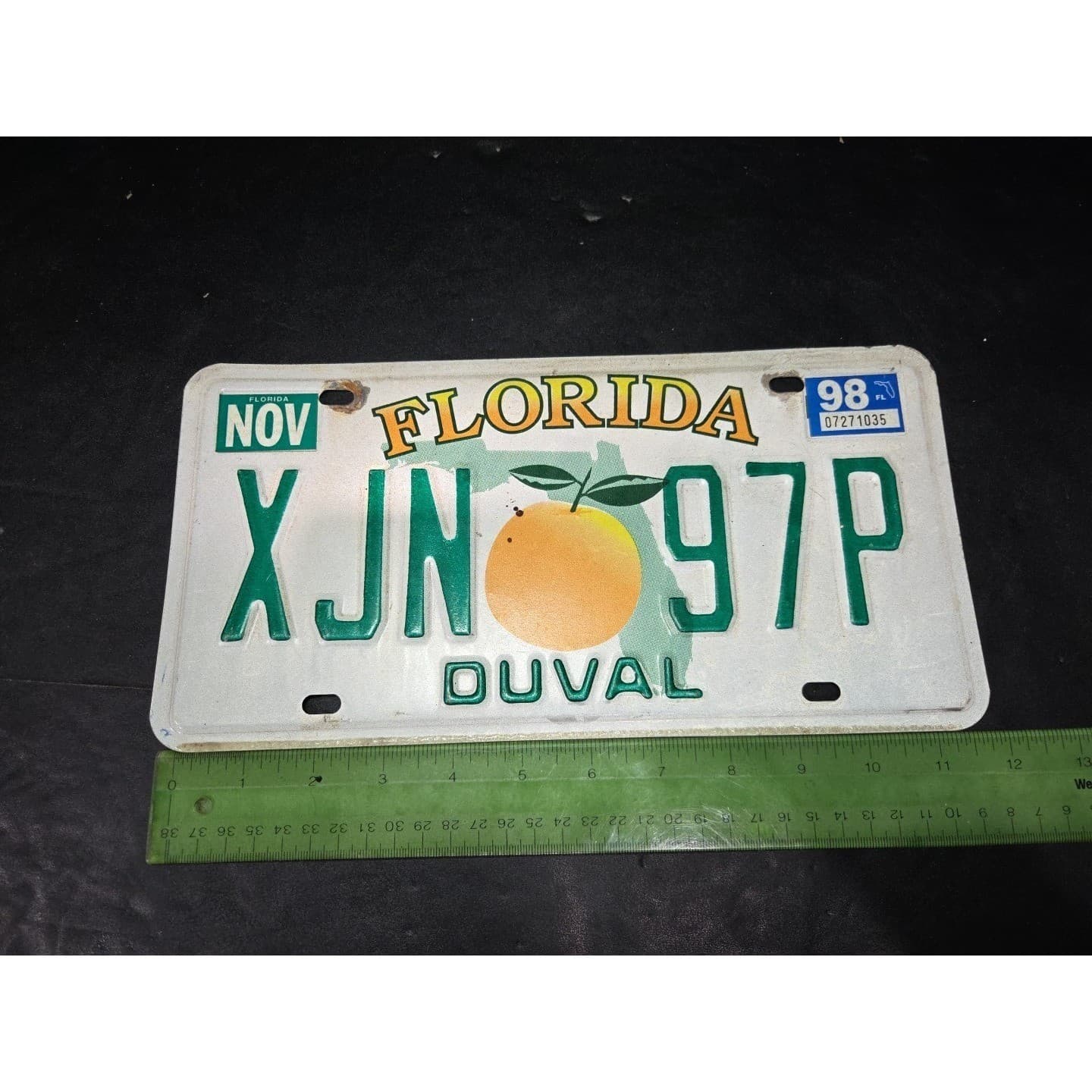 Florida License Plate XJN 97P, Duval County, Orange Graphic, Vintage 1998 - Thumbnail 4