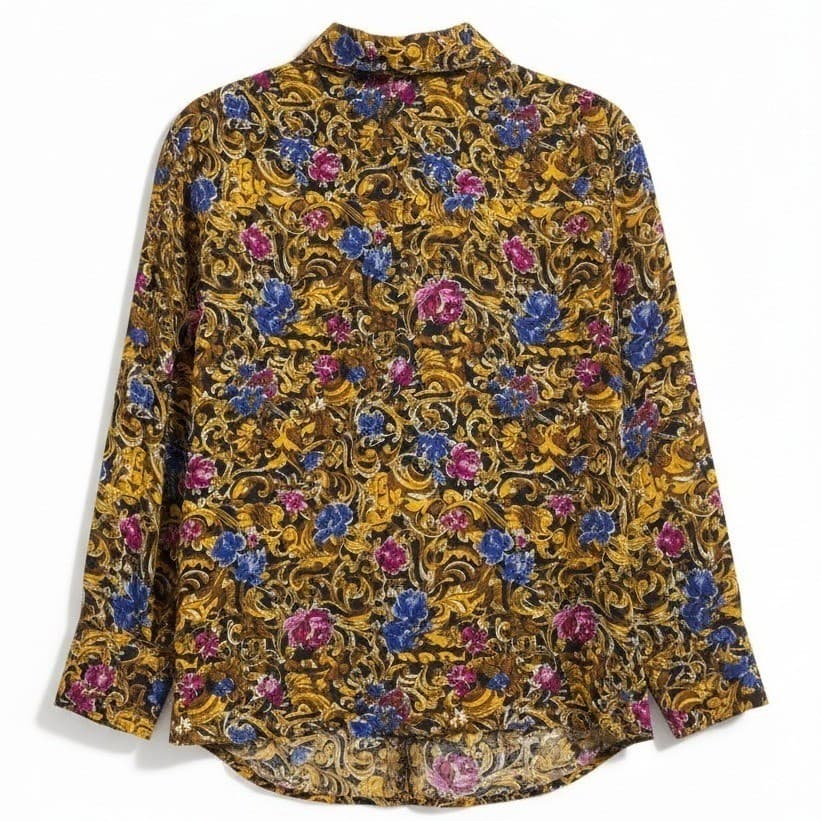 Jordan Baroque Floral Button Down Blouse, Gold Blue Purple, Women's Size 12
