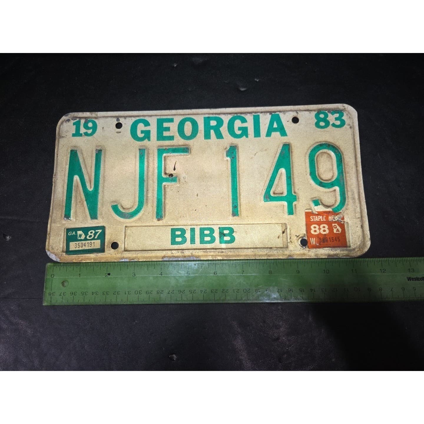 Georgia License Plate NJF 149, Bibb County, Green Cream 1988 Sticker, Vintage 83 - Thumbnail 4