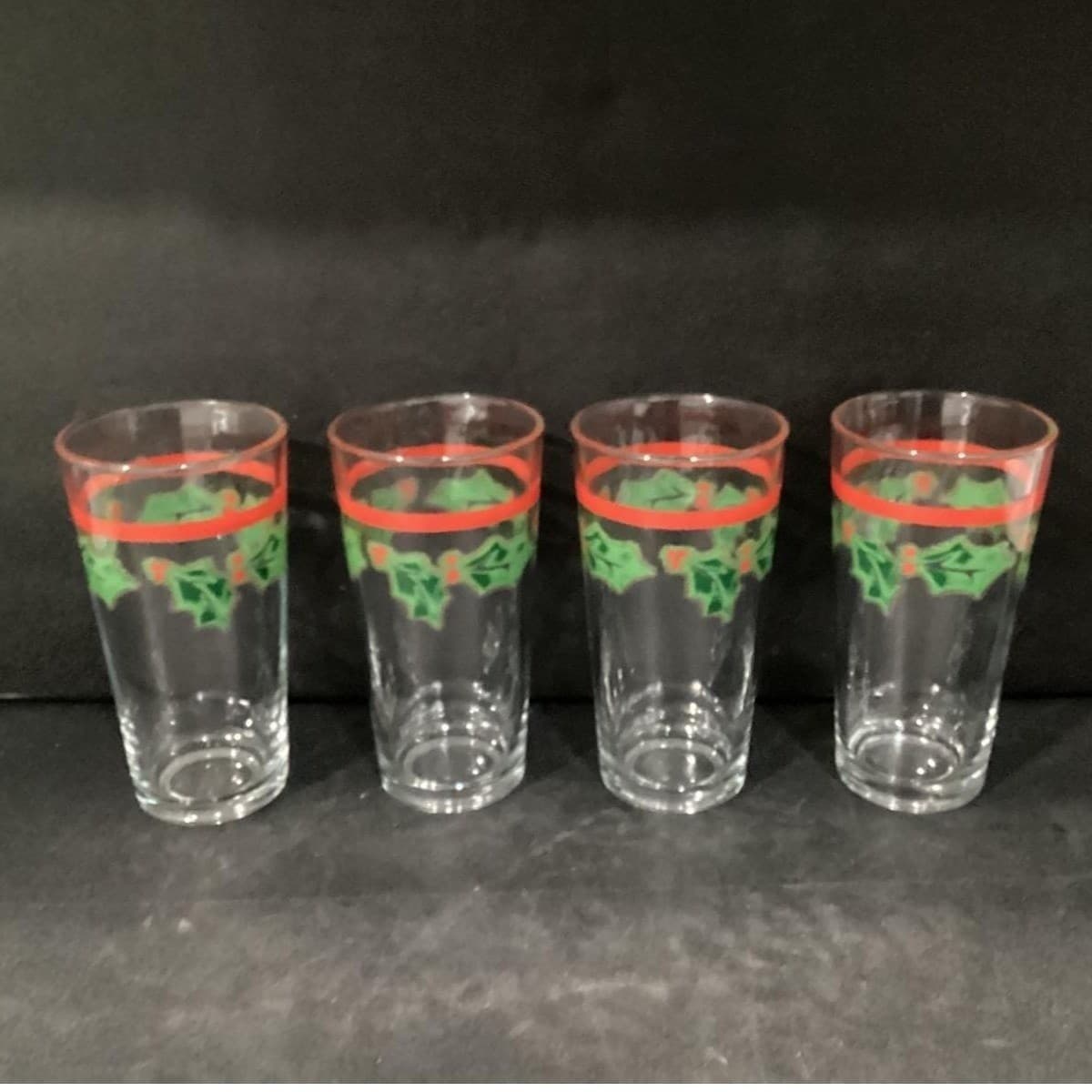 KIG Christmas Red Band Tumblers, Set of 4, Vintage Holly Berries Design Glasses - Thumbnail 9