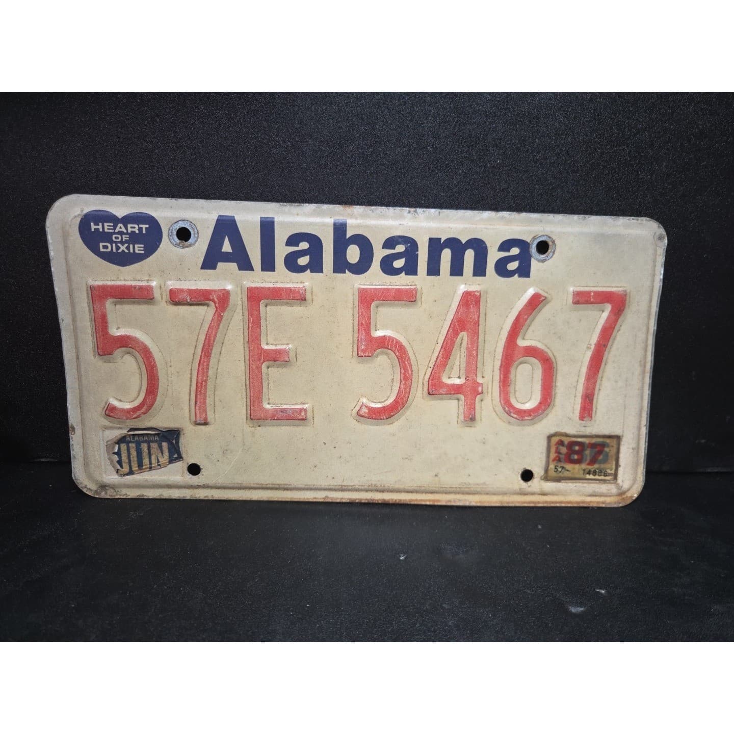 Alabama License Plate 57E 5467, Heart of Dixie, Blue Red Cream, Vintage Metal