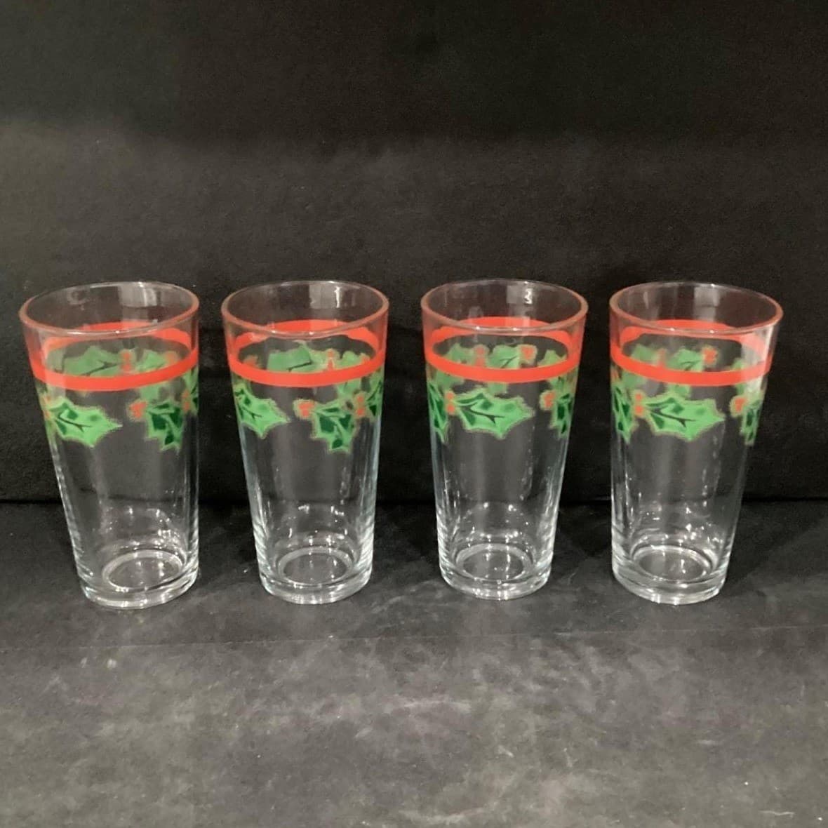 KIG Christmas Red Band Tumblers, Set of 4, Vintage Holly Berries Design Glasses - Thumbnail 12