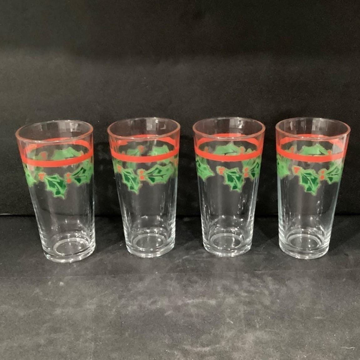 KIG Christmas Red Band Tumblers, Set of 4, Vintage Holly Berries Design Glasses - Thumbnail 11