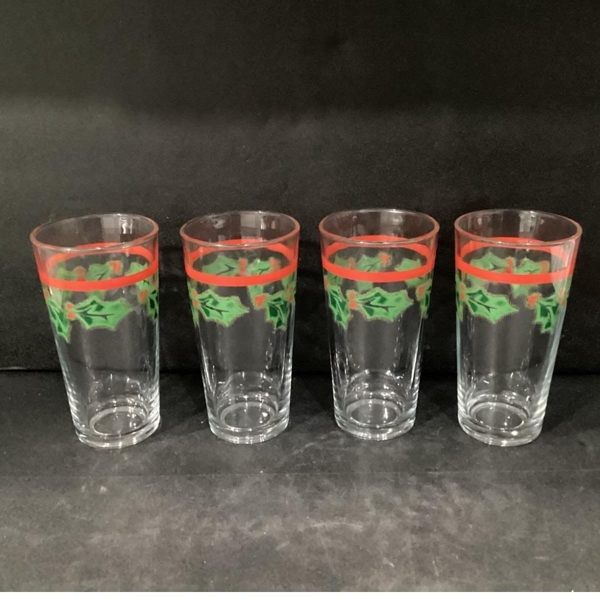 KIG Christmas Red Band Tumblers, Set of 4, Vintage Holly Berries Design Glasses - Thumbnail 10