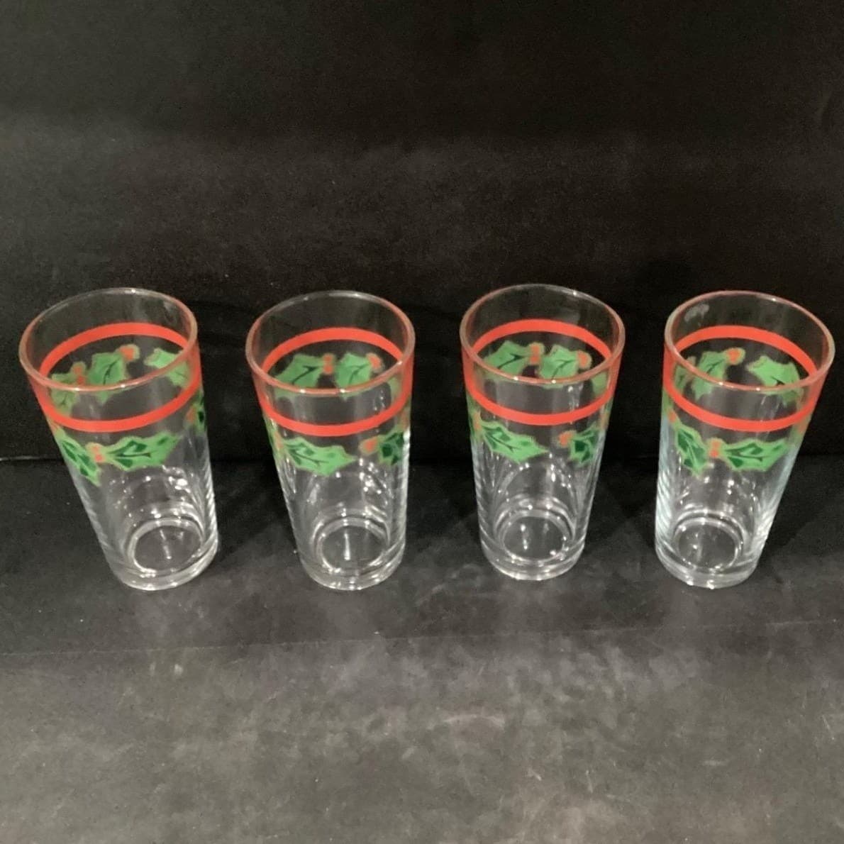 KIG Christmas Red Band Tumblers, Set of 4, Vintage Holly Berries Design Glasses - Thumbnail 3
