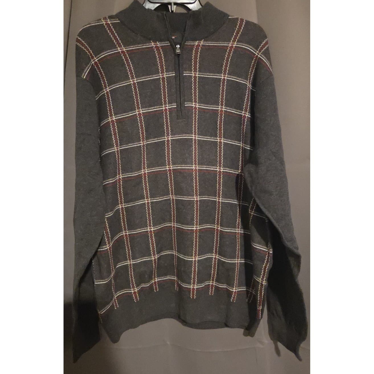 Greg Norman Quarter Zip Sweater, Charcoal Gray Plaid Windowpane, Men's Large - Thumbnail 3
