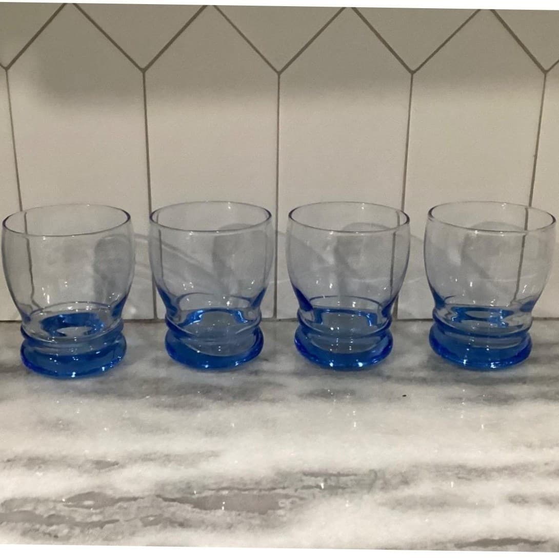 Libbey Blue Bangles Lowball Tumblers, Set of 4, Vintage Rocks Glasses, Barware - Thumbnail 7