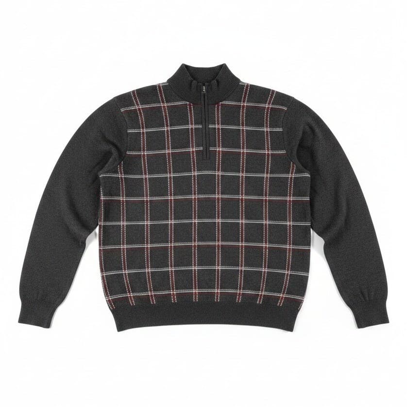 Greg Norman Quarter Zip Sweater, Charcoal Gray Plaid Windowpane, Men's Large