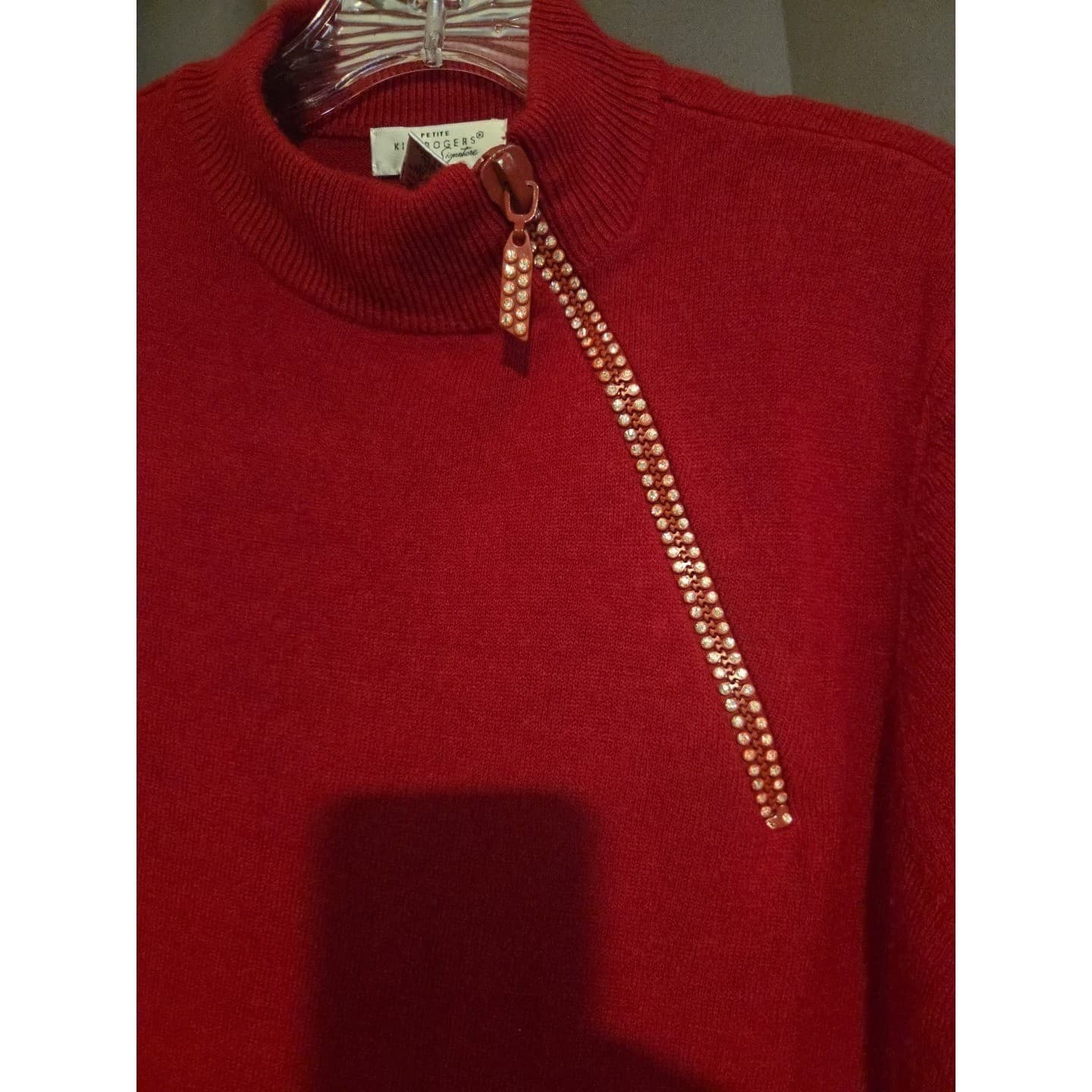 Kim Rogers Signature Red Petite Sweater, Mock Neck, Rhinestone Zip, Women's PXL - Thumbnail 7
