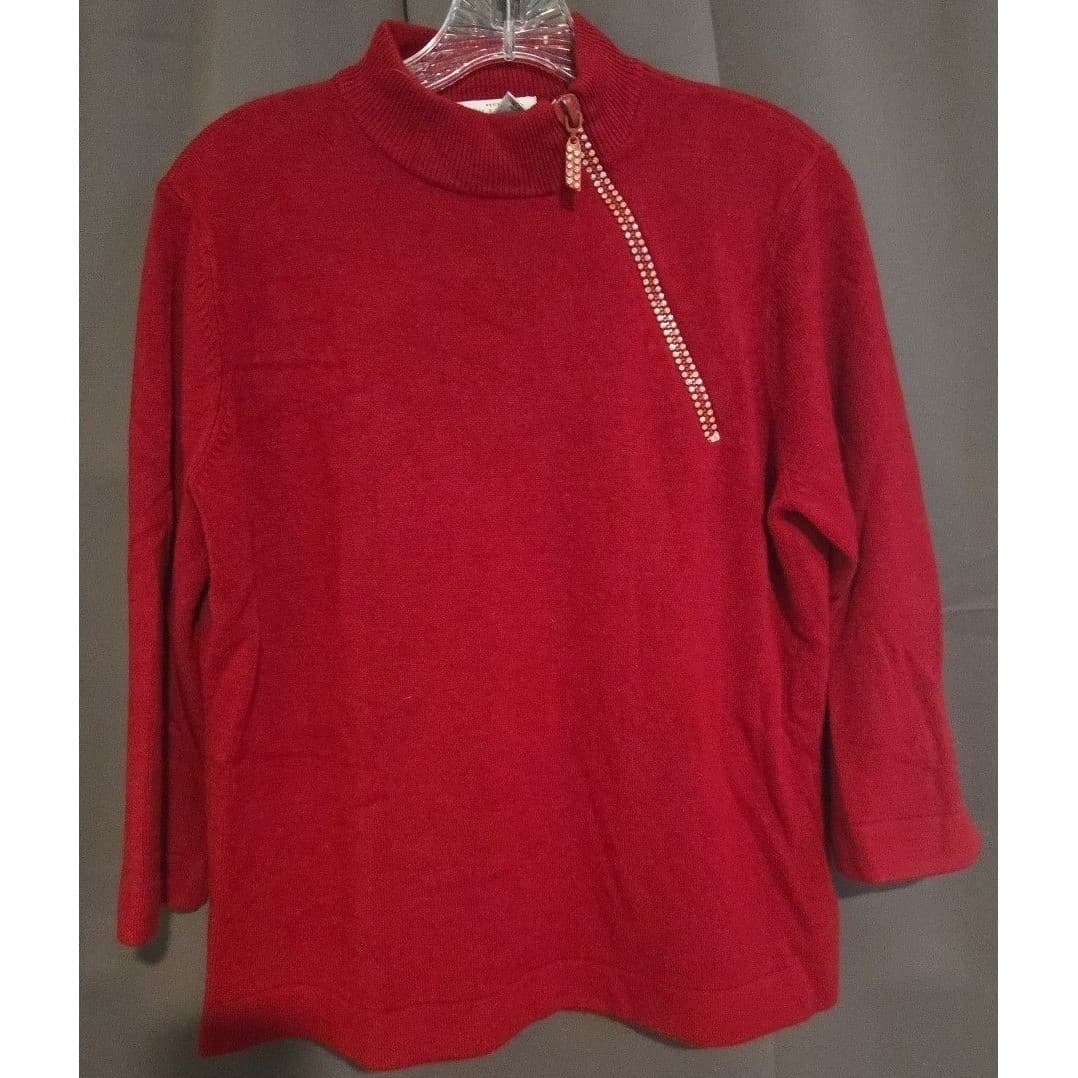 Kim Rogers Signature Red Petite Sweater, Mock Neck, Rhinestone Zip, Women's PXL - Thumbnail 3