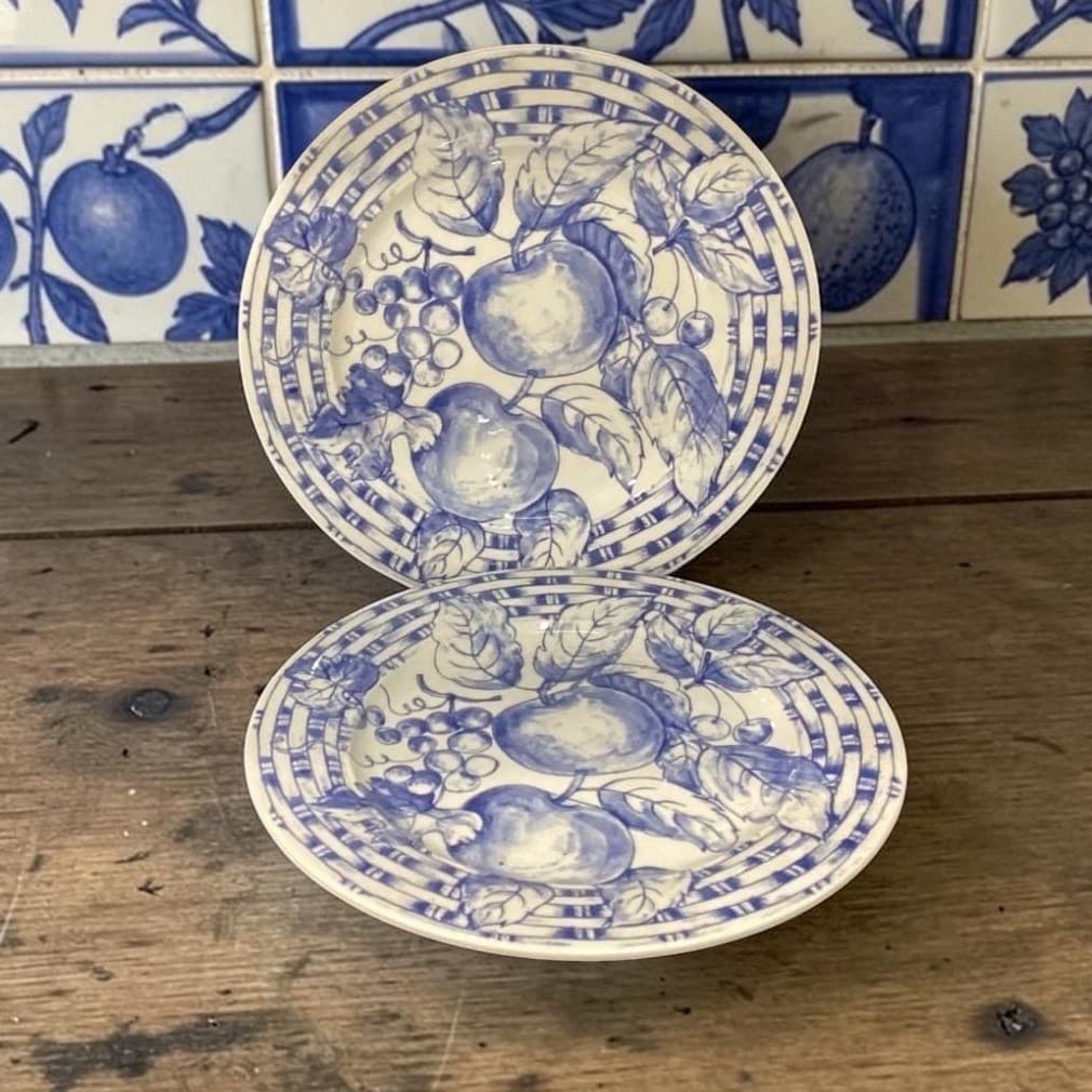 Pier 1 Imports Fruit Themed Dinner Plates, Set of 2, Vtg Hand Painted Dinnerware