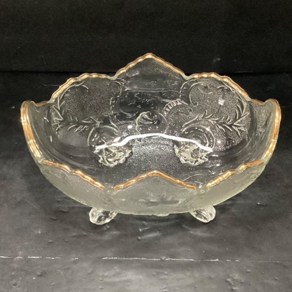 Jeanette Lombardi Oval Bowl, Vintage 22k Gold Rim Centerpiece, Pressed Glass - Thumbnail 3