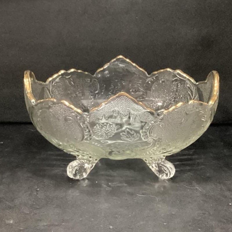 Jeanette Lombardi Oval Bowl, Vintage 22k Gold Rim Centerpiece, Pressed Glass - Thumbnail 2
