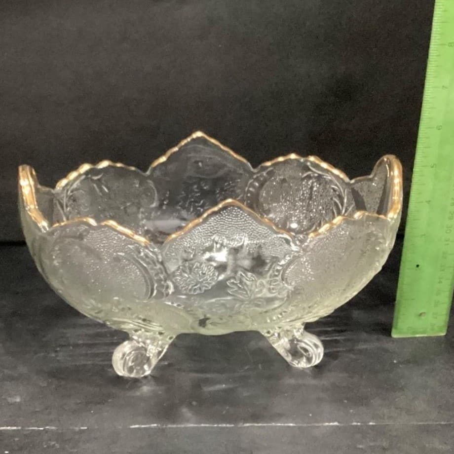 Jeanette Lombardi Oval Bowl, Vintage 22k Gold Rim Centerpiece, Pressed Glass - Thumbnail 10