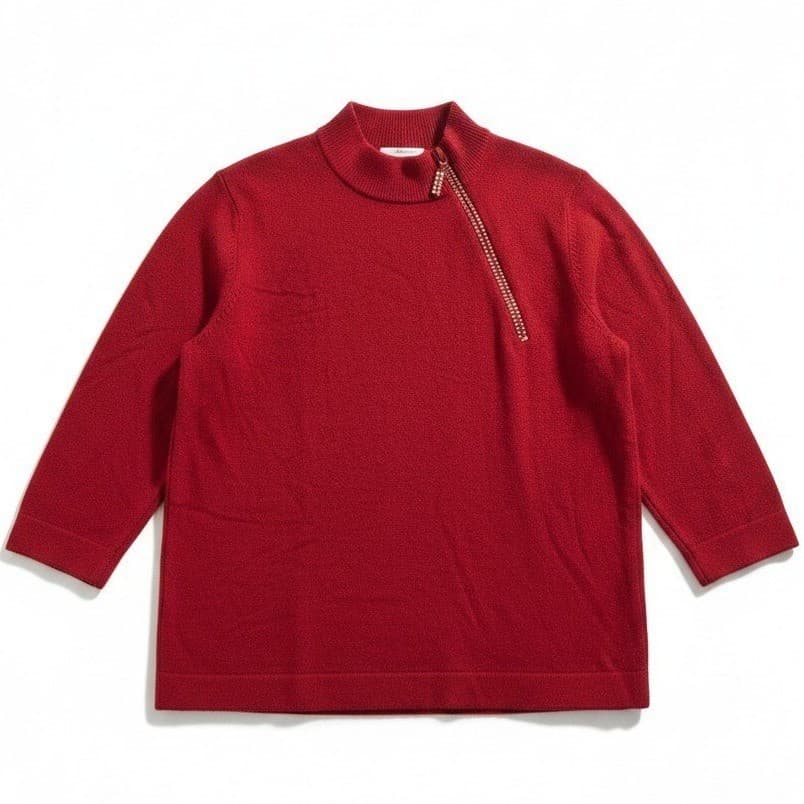 Kim Rogers Signature Red Petite Sweater, Mock Neck, Rhinestone Zip, Women's PXL