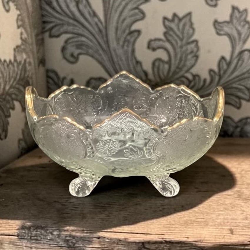 Jeanette Lombardi Oval Bowl, Vintage 22k Gold Rim Centerpiece, Pressed Glass