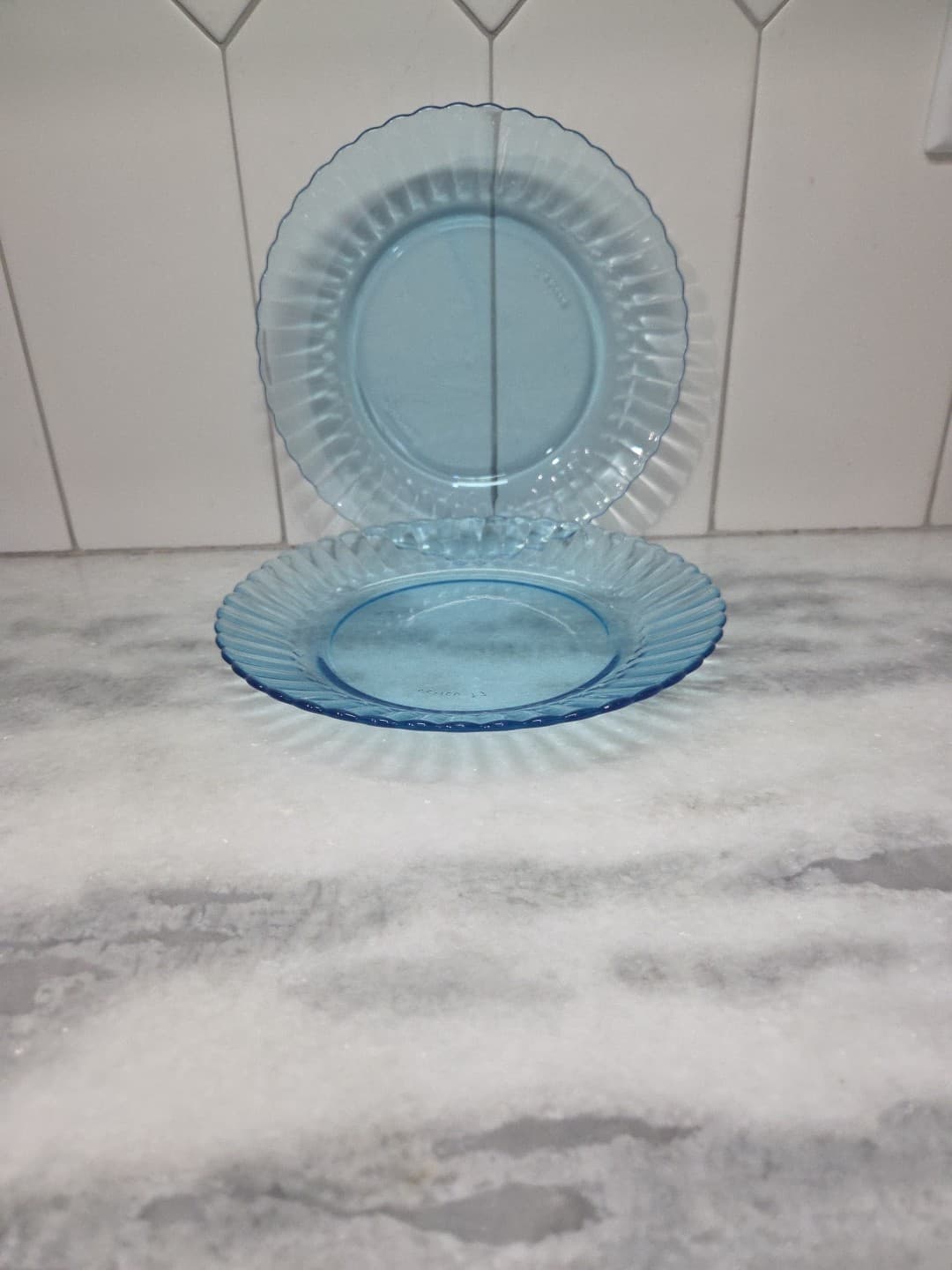 Fortecrisa Ice Blue Luncheon Plates, Set of 2, 7" Scalloped Ribbed Plates, MCM