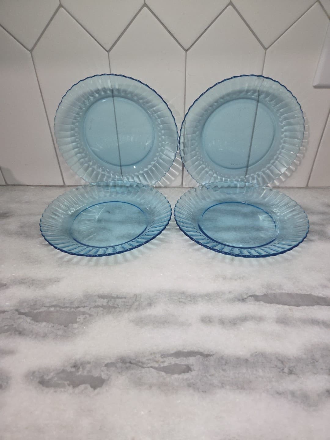 Fortecrisa Ice Blue Luncheon Plates, Set of 4, 7" Scalloped Ribbed Plates, MCM
