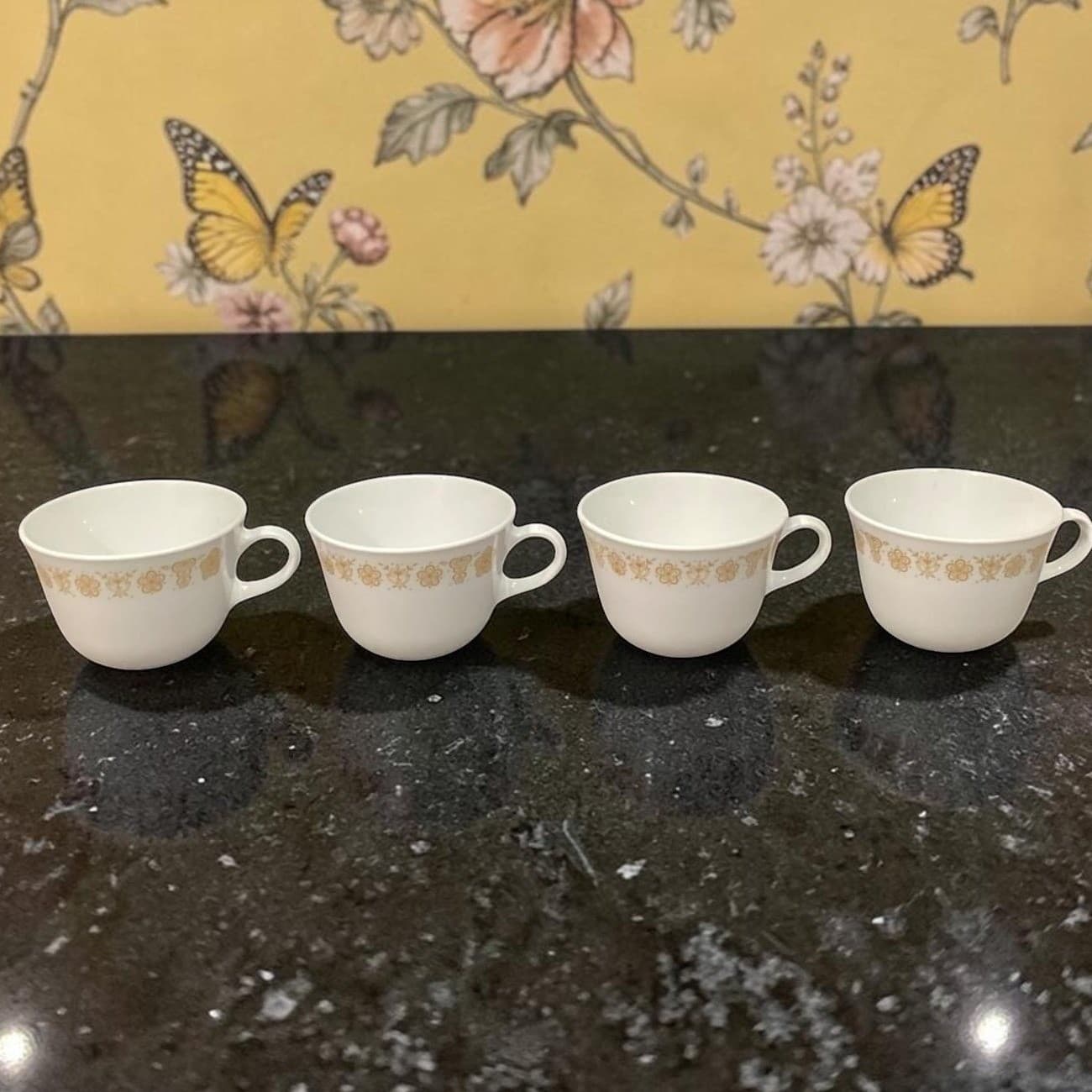 Pyrex Butterfly Gold Coffee Cups, Set of 4, Vintage C-Handle Mugs, Drinkware