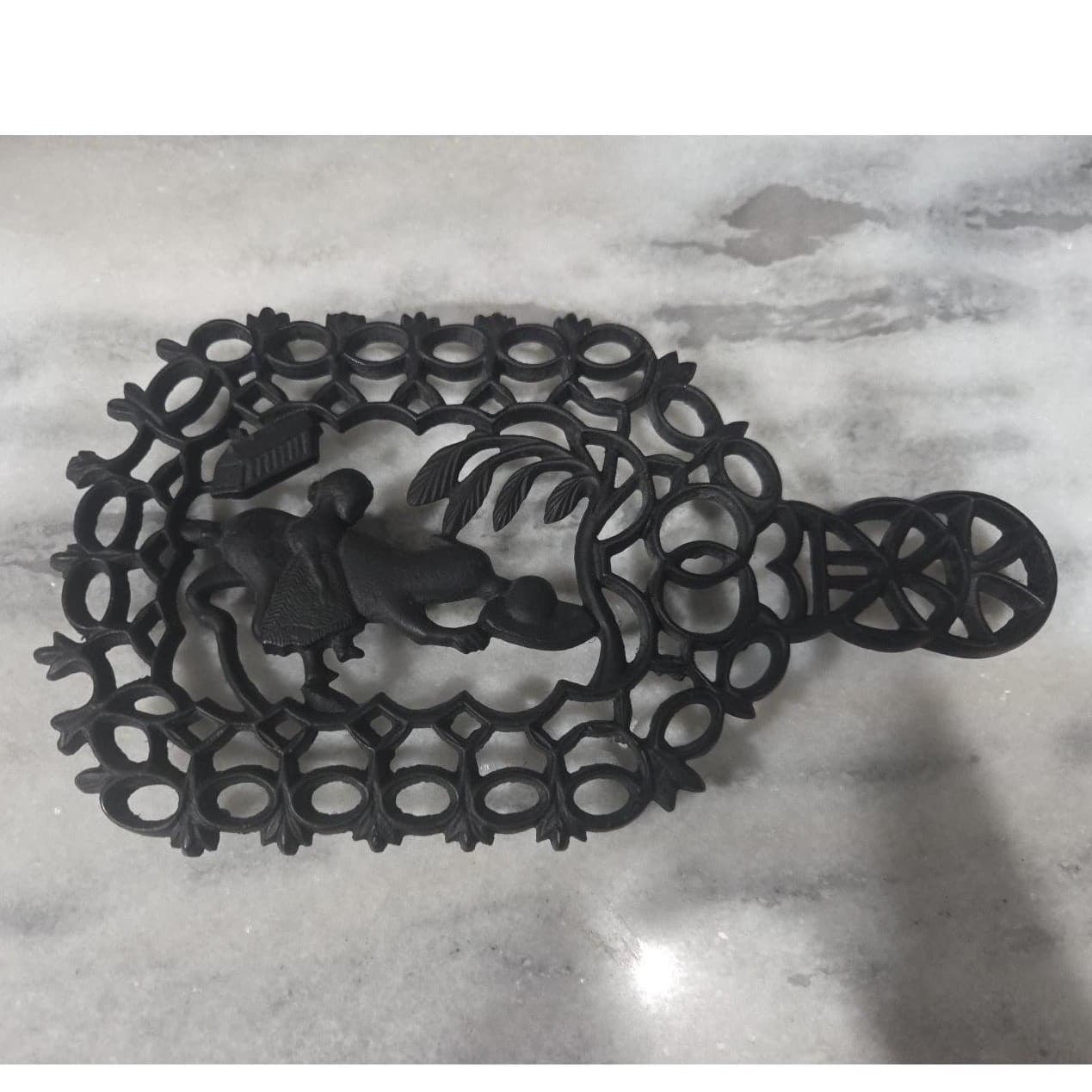 Virginia Metal-Crafter Cast Iron Trivet, Girl Playing Ball With Dog Design, Vtg - Thumbnail 2