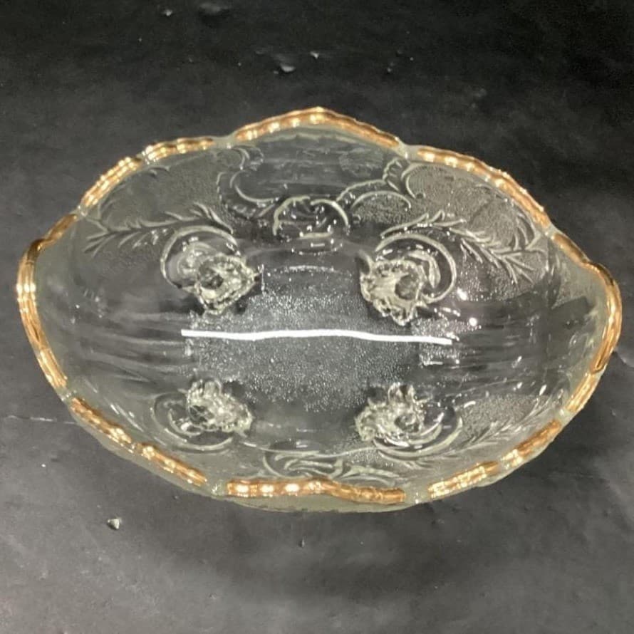 Jeanette Lombardi Oval Bowl, Vintage 22k Gold Rim Centerpiece, Pressed Glass - Thumbnail 4