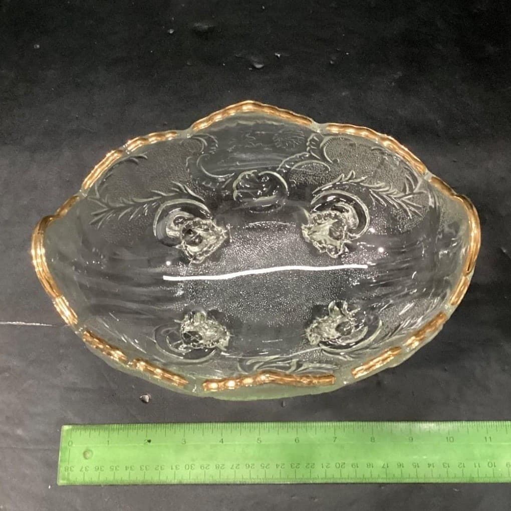 Jeanette Lombardi Oval Bowl, Vintage 22k Gold Rim Centerpiece, Pressed Glass - Thumbnail 11