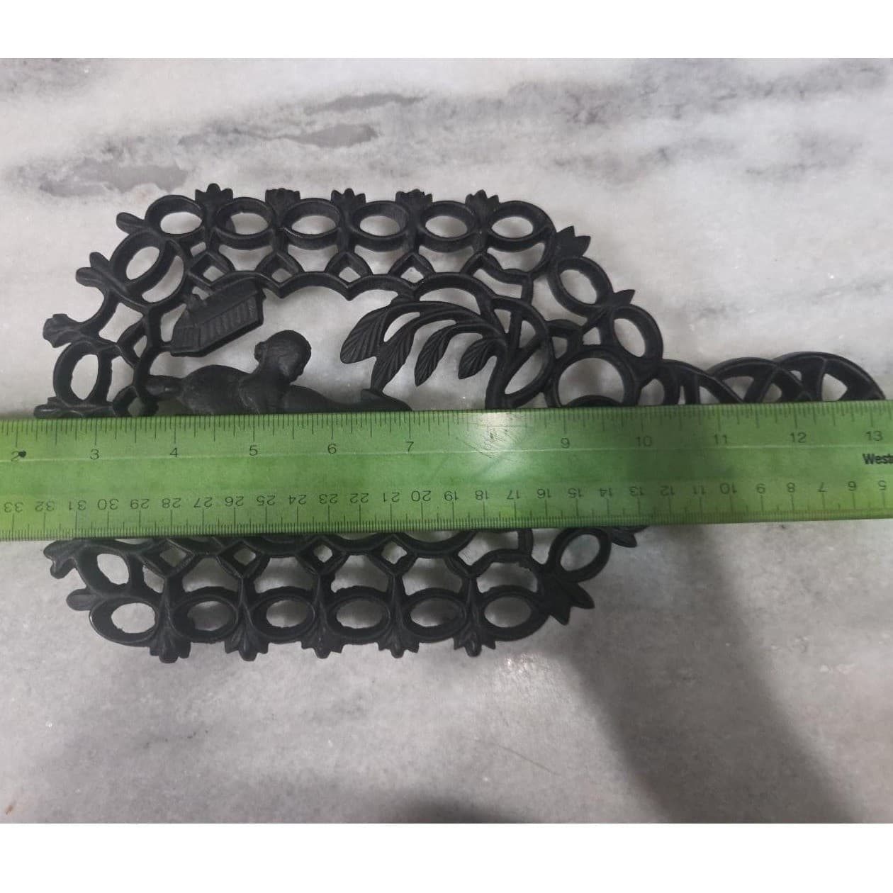 Virginia Metal-Crafter Cast Iron Trivet, Girl Playing Ball With Dog Design, Vtg - Thumbnail 9