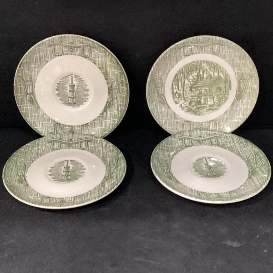 SCIO Currier and Ives Green "Yokes & Plow" Saucers, Set of 4, Vintage Ironstone - Thumbnail 6
