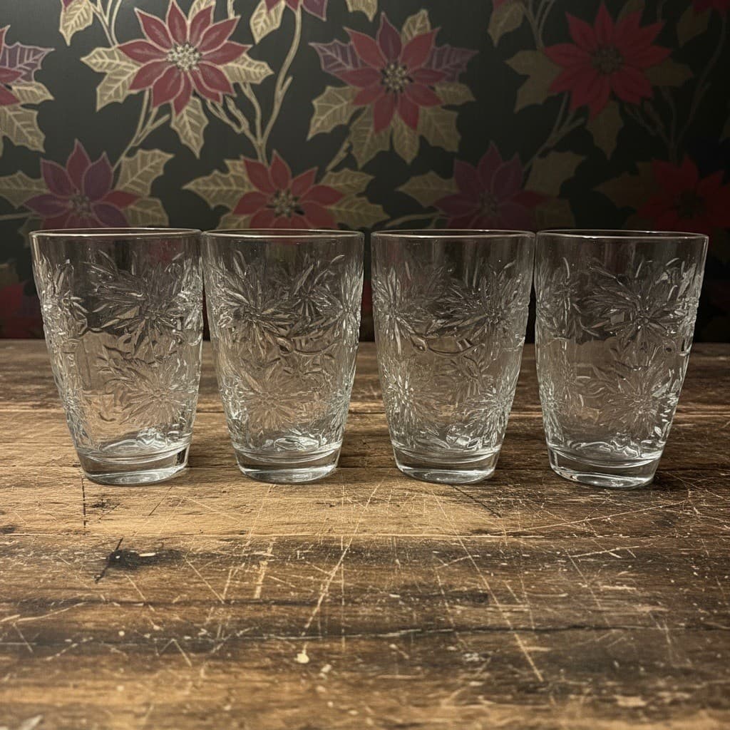 Princess House Fantasia Flat Tumblers #545, Set of 4, Vintage Poinsettia Pattern