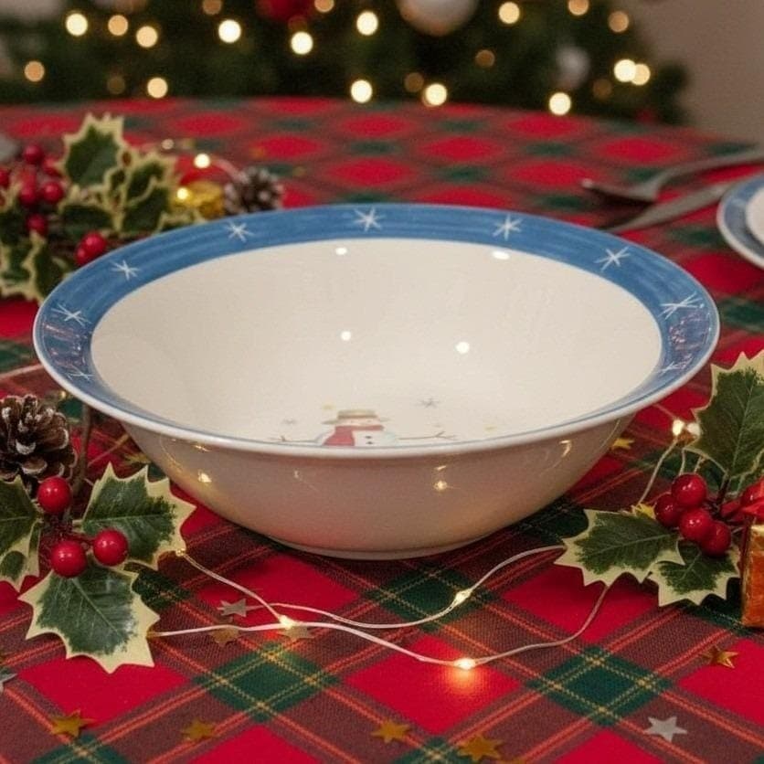 Holiday Home Christmas Snowman Serving Bowl, Vintage Ceramic Winter Tableware