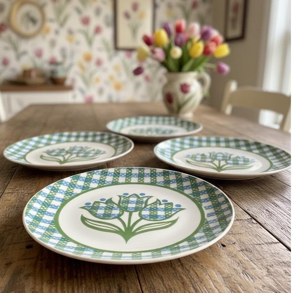Royal China Cavalier "Gingham Garden" Dinner Plates, Set of 4, Vintage Ironstone