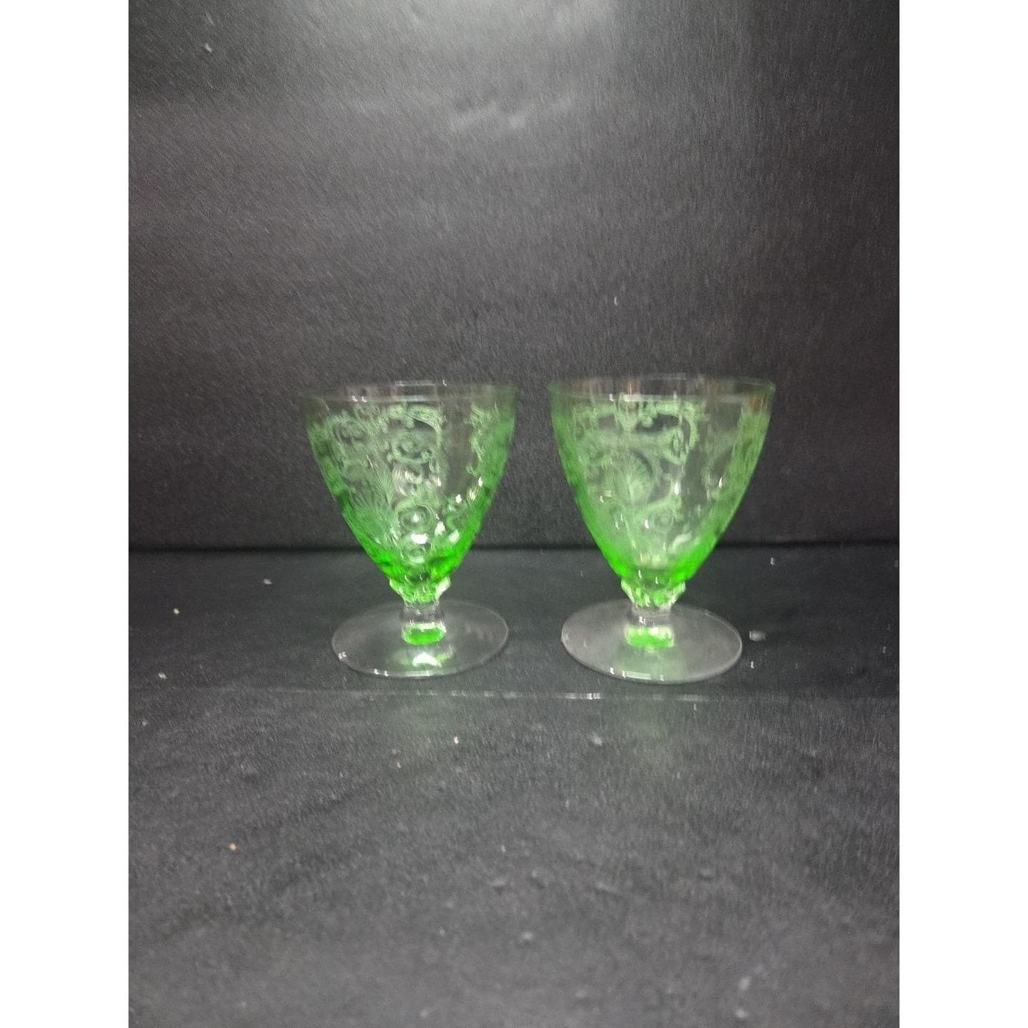 Fostoria Versailles Etched Cocktail Glasses, Set of 2, Vtg Footed Uranium Glass - Thumbnail 10