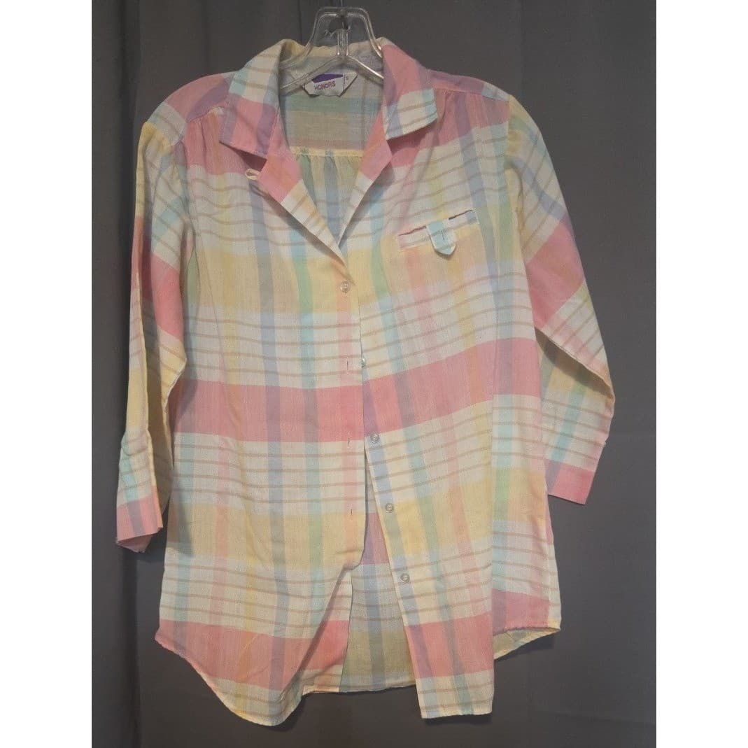 Honors Pastel Plaid 3/4 Sleeve Button Up Shirt Pink Yellow Blue Made in USA - Thumbnail 3