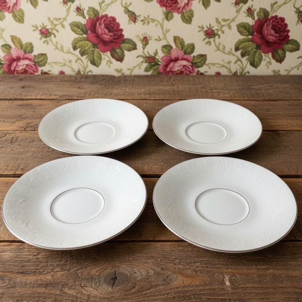 Crown Lancaster "Victorian Rose" Saucers, Set of 4, Vintage White Porcelain
