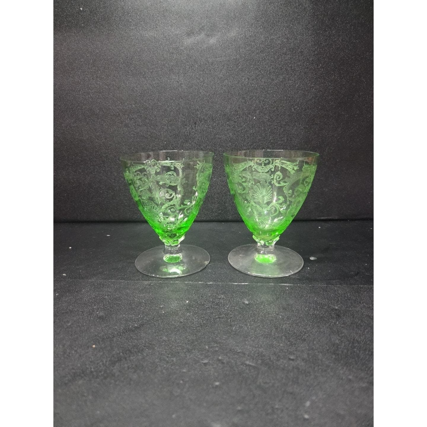 Fostoria Versailles Etched Cocktail Glasses, Set of 2, Vtg Footed Uranium Glass - Thumbnail 9