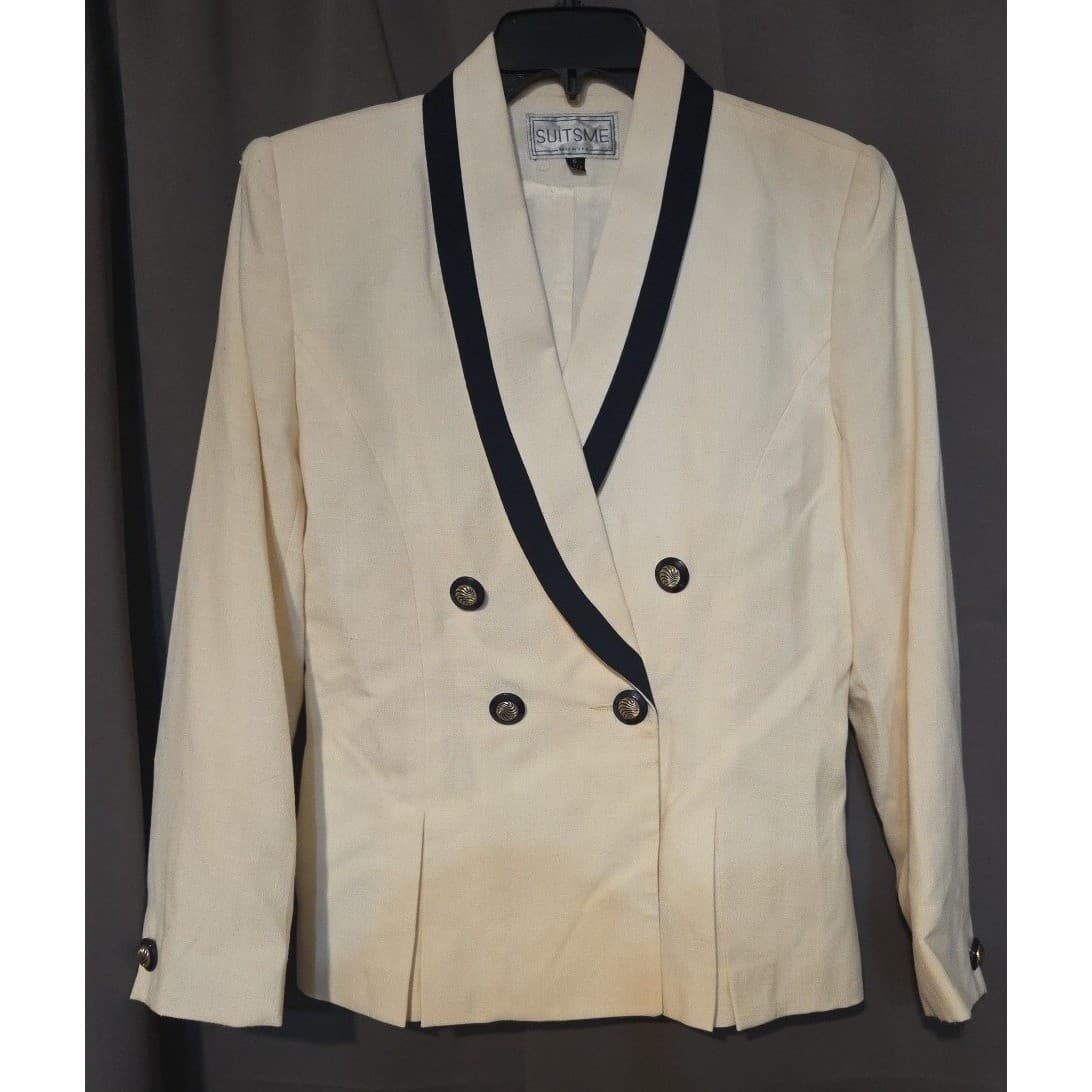 Suitsme Vintage Cream Blazer, Black Contrast Shawl Lapel, Double Breasted Size 6 - Thumbnail 3