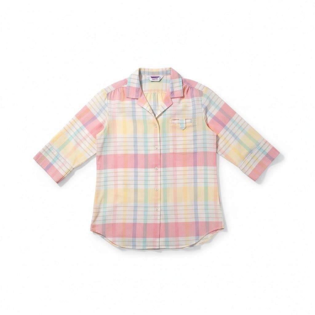 Honors Pastel Plaid 3/4 Sleeve Button Up Shirt Pink Yellow Blue Made in USA