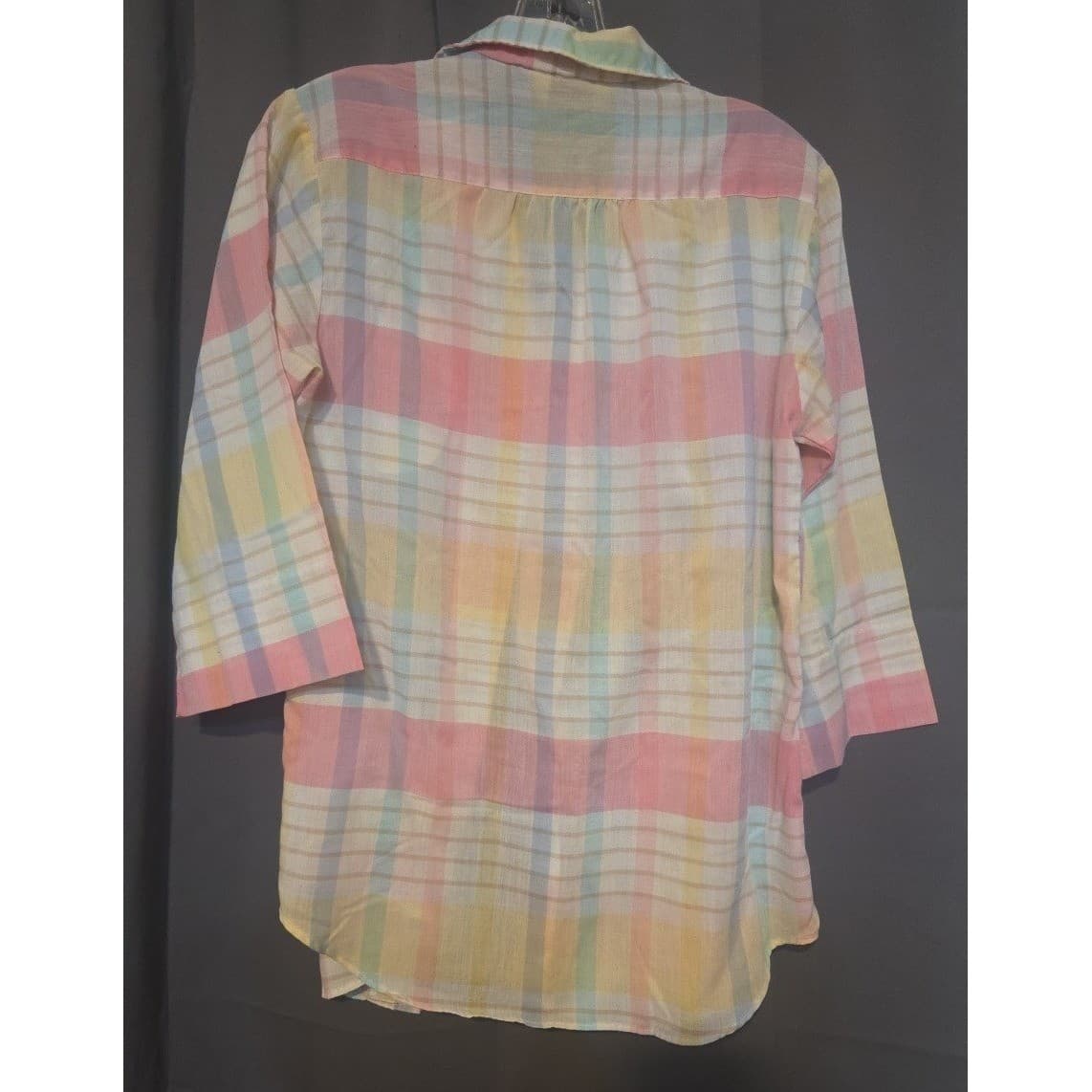 Honors Pastel Plaid 3/4 Sleeve Button Up Shirt Pink Yellow Blue Made in USA - Thumbnail 4