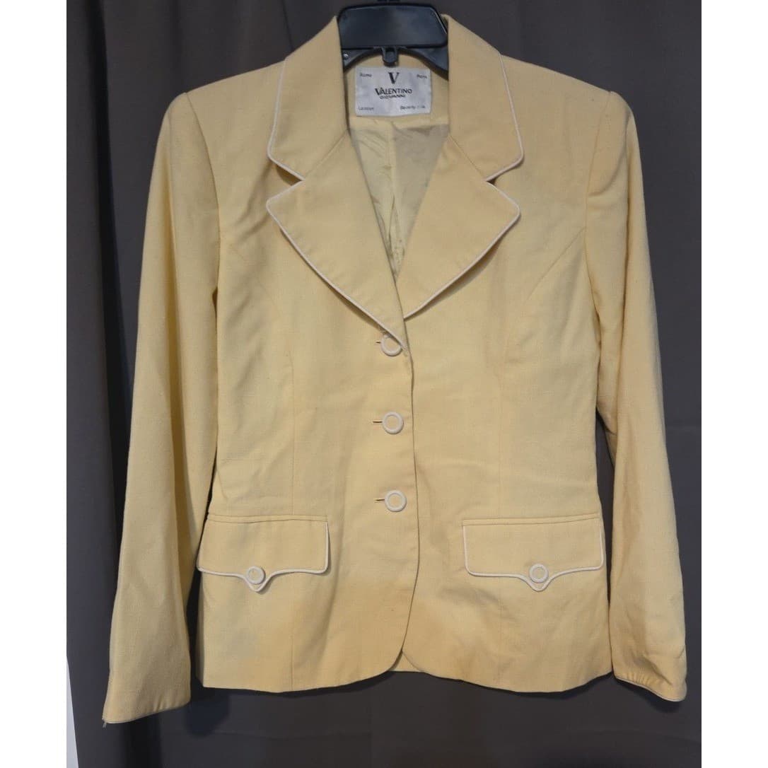 Valentino Giovanni Vintage Pastel Yellow Blazer, White Contrast Piping, 3-Button - Thumbnail 3