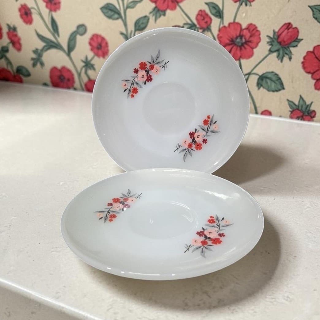 Anchor Hocking Fire King Primrose Saucers, Set of 2, Vintage Floral Milk Glass