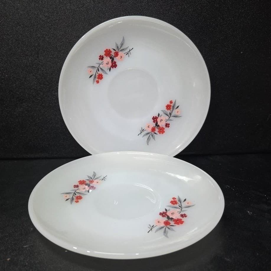 Anchor Hocking Fire King Primrose Saucers, Set of 2, Vintage Floral Milk Glass - Thumbnail 2