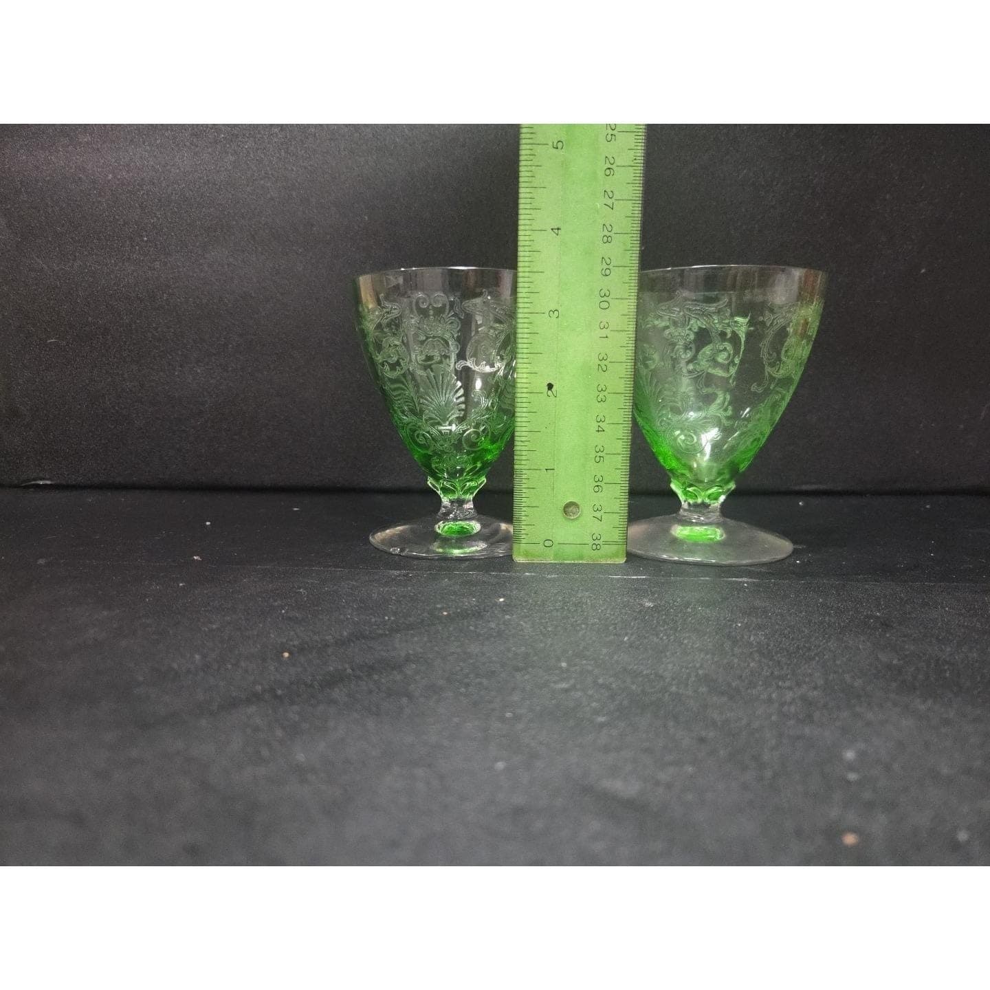 Fostoria Versailles Etched Cocktail Glasses, Set of 2, Vtg Footed Uranium Glass - Thumbnail 12